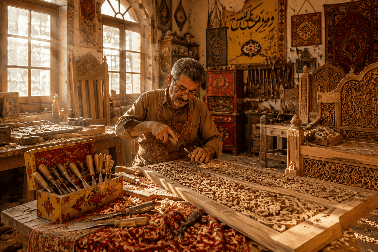 هنرمند منبت‌کار ملایری در حال کار